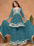 Teal Faux Georgette Sequins Embroidered Designer Top Sharara Suit - women's fashion mart
