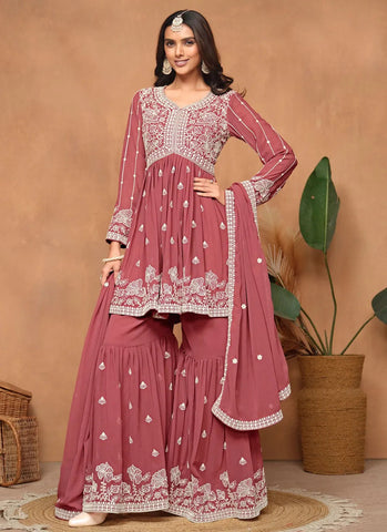 Rust Brown Faux Georgette Sequins Embroidered Designer Top Sharara Suit - women's fashion mart