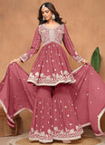 Rust Brown Faux Georgette Sequins Embroidered Designer Top Sharara Suit - women's fashion mart