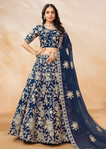 Elegant Designer Navy Blue Embroidered Art Silk Lehenga Choli - women's fashion mart