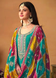 Glowing and Dazzling Chinon Silk Turquoise Salwar Suit - women's fashion mart
