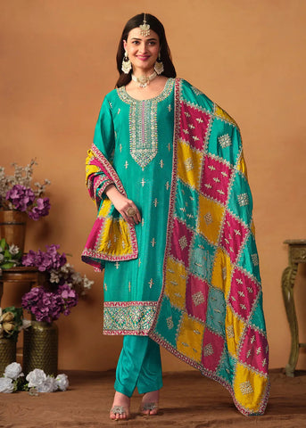Glowing and Dazzling Chinon Silk Turquoise Salwar Suit - women's fashion mart