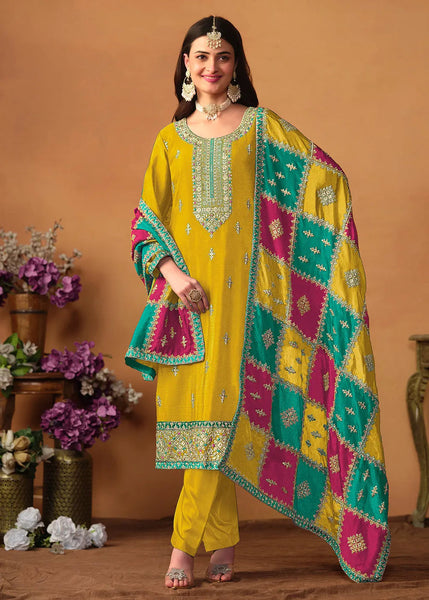 Glowing and Dazzling Chinon Silk Yellow Salwar Suit - women's fashion mart