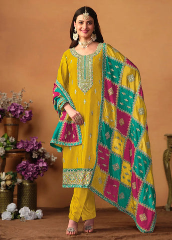 Glowing and Dazzling Chinon Silk Yellow Salwar Suit - women's fashion mart