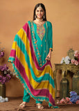 Glowing and Dazzling Chinon Silk Turquoise Salwar Suit - women's fashion mart