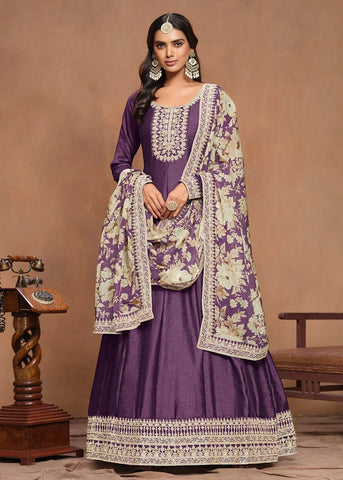Elegant Art Silk Purple Embroidered Anarkali Gown - women's fashion mart