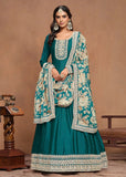 Elegant Art Silk Teal Green Embroidered Anarkali Gown - women's fashion mart