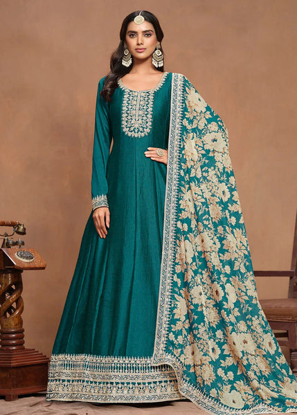 Elegant Art Silk Teal Green Embroidered Anarkali Gown - women's fashion mart