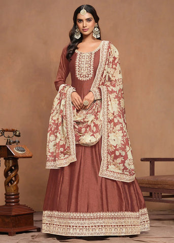 Elegant Art Silk Brown Embroidered Anarkali Gown - women's fashion mart