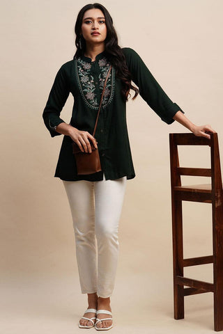 Dark Green Color Rayon Fabric Embroidered Readymade Short Kurti.