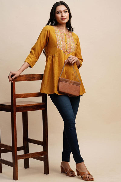 Mustard Color Bewitching Embroidered Readymade Short Kurti.