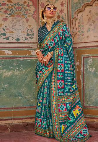 Fabulous Teal Blue Traditional Printed Silk Saree - women's fashion mart