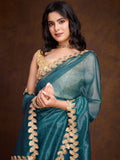 Dazzling Deep Aqua Gold Twill Cutwork Designer Saree - women's fashion mart