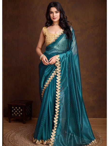 Dazzling Deep Aqua Gold Twill Cutwork Designer Saree - women's fashion mart
