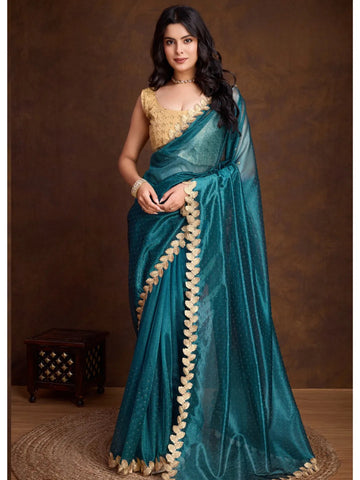 Dazzling Deep Aqua Gold Twill Cutwork Designer Saree - women's fashion mart