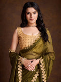 Outstanding Olive Gold Twill Cutwork Designer Saree - women's fashion mart