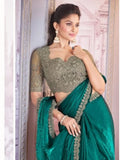 Fantastic Teal Green Satin Organza Embroidered Saree - women's fashion mart