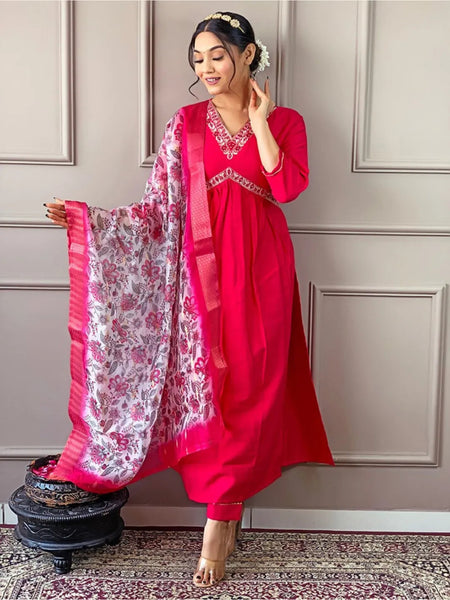 Ravishing Red Embroidered Viscos Chanderi Salwar Kameez - women's fashion mart