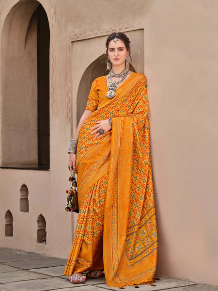 Marvelous Mustard Ajrakh Printed Sigma Silk Traditional Saree - women's fashion mart