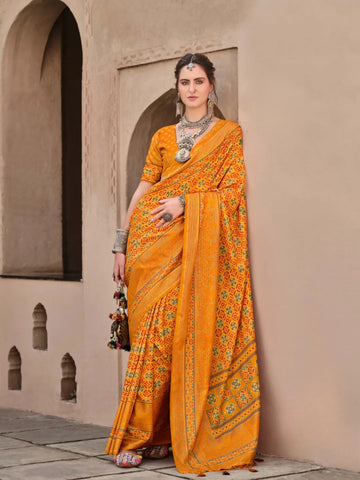 Marvelous Mustard Ajrakh Printed Sigma Silk Traditional Saree - women's fashion mart