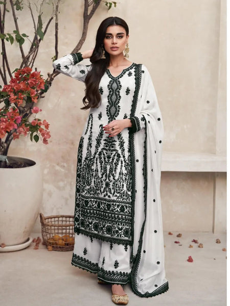 Peaceable White Premium Silk Thread Worked Palazzo Suit - women's fashion mart