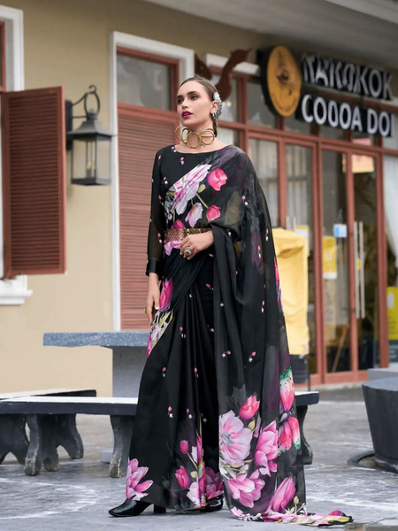 Classic Black Pure Georgette Printed Saree -Saree Unstitched women's fashion mart