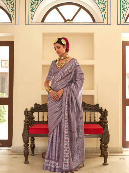 Fabulous and Lustrous Lavender Silk Printed Traditional Saree - women's fashion mart