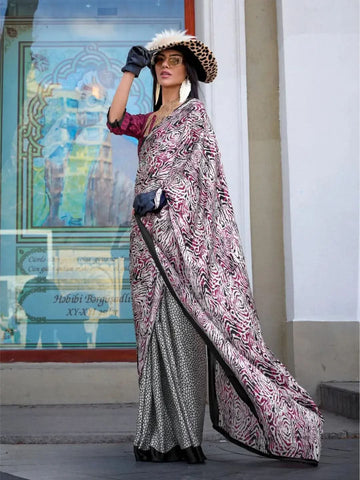 Majestic Dark Mauve Contemporary Printed Satin Crepe Saree - women's fashion mart