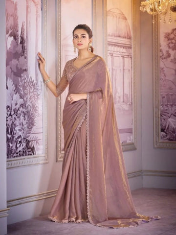 Refined Rosy Brown Satin Organza Embroidered Saree - women's fashion mart