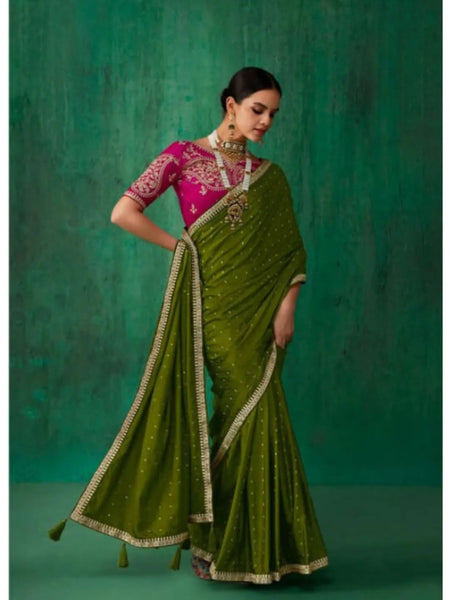Outstanding Olive Satin Jacquard Worked Party Wear Saree - women's fashion mart
