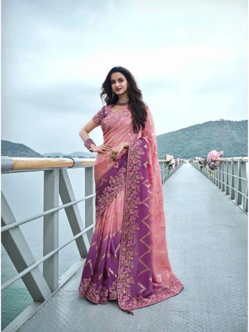 Superb Dusty Pink Ombre Style Tissue Silk Embroidered Saree - women's fashion mart