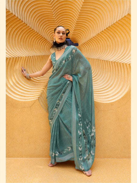 Exquisite Greyish Turquoise Daani Georgette Printed Saree - women's fashion mart