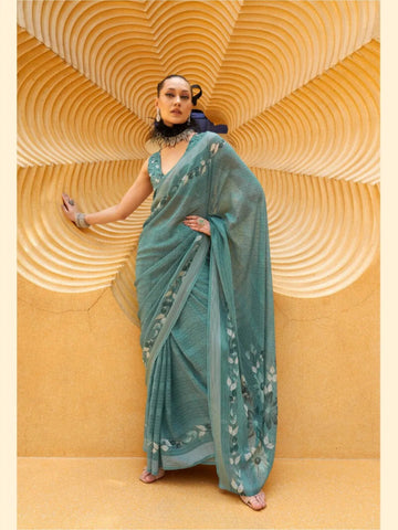 Exquisite Greyish Turquoise Daani Georgette Printed Saree - women's fashion mart