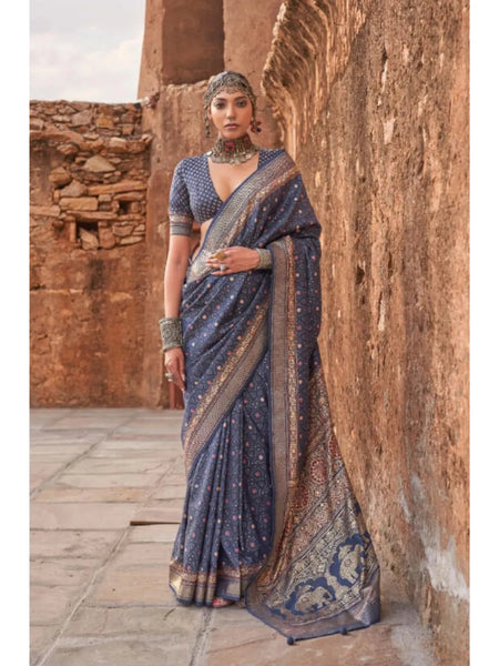 Superb Dusty Blue Viscos Silk Ajrakh and Kalamkari Printed Saree - women's fashion mart