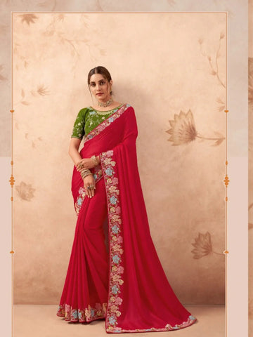 Ravishing Red Fancy Embroidered Party Wear Saree - women's fashion mart