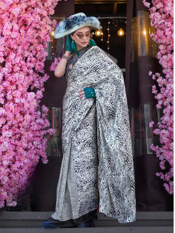 Graceful Grey-White Contemporary Printed Satin Crepe Saree - women's fashion mart