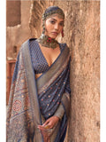 Superb Dusty Blue Viscos Silk Ajrakh and Kalamkari Printed Saree - women's fashion mart