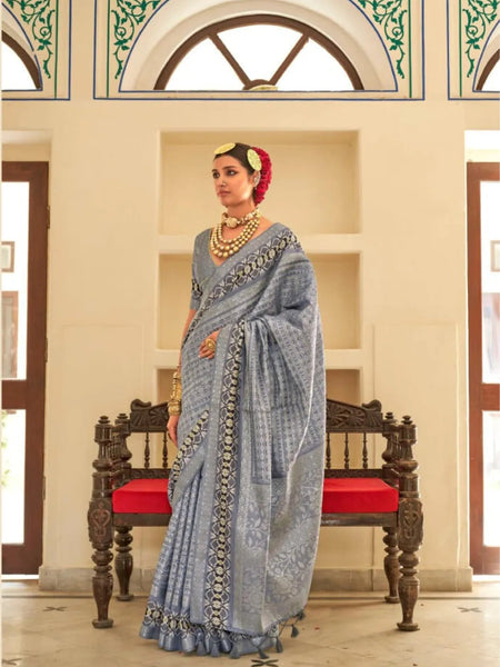 Heartwarming Dusty Grey Silk Printed Traditional Saree - women's fashion mart
