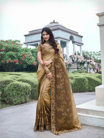Fabulous Light Brown Ombre Style Tissue Silk Embroidered Saree - women's fashion mart