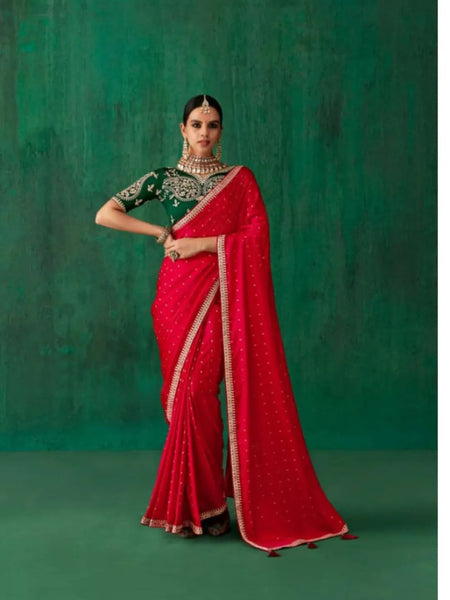 Blazing Red Satin Jacquard Worked Party Wear Saree - women's fashion mart