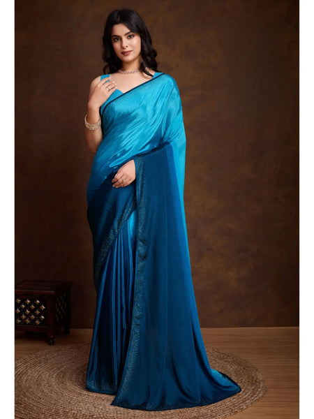 Splendiferous Sky Blue Shaded Chinon Swarovski Worked Saree - women's fashion mart