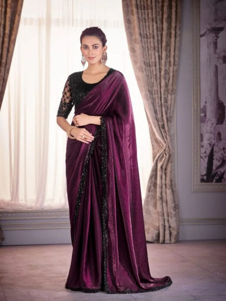 Gorgeous Wine Satin Organza Embroidered Saree - women's fashion mart