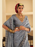 Heartwarming Dusty Grey Silk Printed Traditional Saree - women's fashion mart