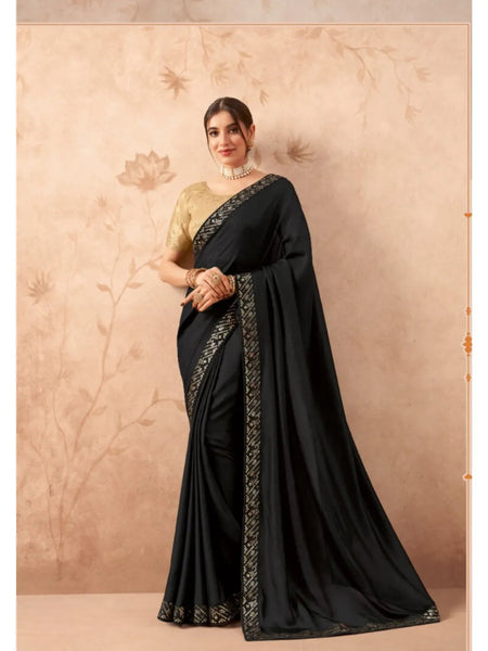 Classic Black Fancy Embroidered Party Wear Saree - women's fashion mart