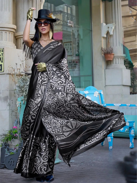 Classic Black-White Contemporary Printed Satin Crepe Saree - women's fashion mart