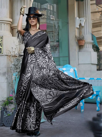Classic Black-White Contemporary Printed Satin Crepe Saree -Saree Unstitched women's fashion mart
