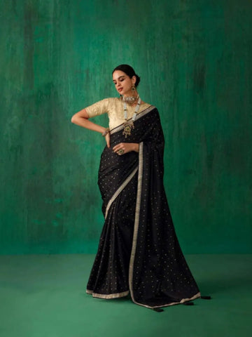 Classic Black Satin Jacquard Worked Party Wear Saree - women's fashion mart