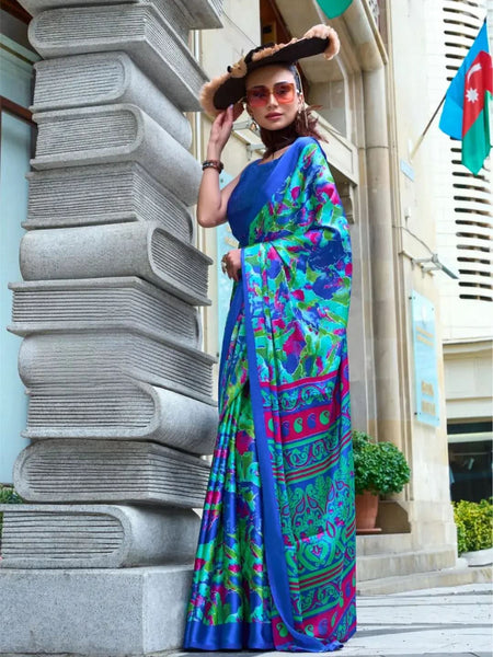 Magical Blue-Multi Contemporary Printed Satin Crepe Saree - women's fashion mart