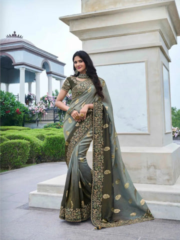 Graceful Natural Grey Ombre Style Tissue Silk Embroidered Saree - women's fashion mart
