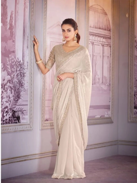 Outstanding Off-White Satin Organza Embroidered Saree - women's fashion mart